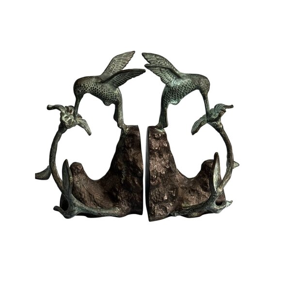 Bronze Hummingbird And Flower Bookends Verdigris Patina Pair 7 Inches - Picture 1 of 7